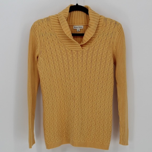 Studio Works $48 Small Golden Yellow Cable Knit Shawl‎ Collar Pullover Sweater - Picture 3 of 12